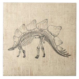 Stegosaurus Dinosaur Skeleton Vintage Script Paper Ceramic Tile