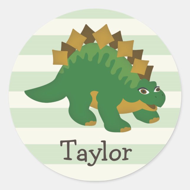 Stegosaurus on Pastel Green Stripes Classic Round Sticker (Front)