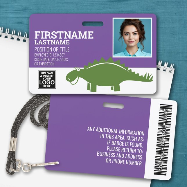 Stegosaurus Paediatrician Day Care Employee Photo ID Badge (Personalized Name Badge with Photo and Company Logo)