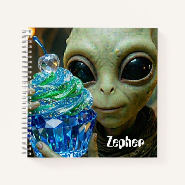 Stellar Alien in Spaceship Crystalline Cupcake  Notebook (Front)