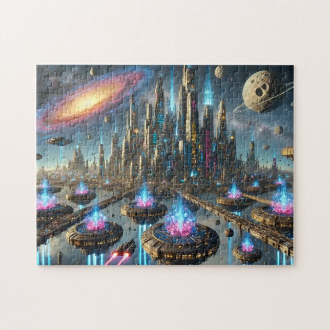 Stellar Cities Futuristic Neon Cityscape Jigsaw Puzzle (Horizontal)