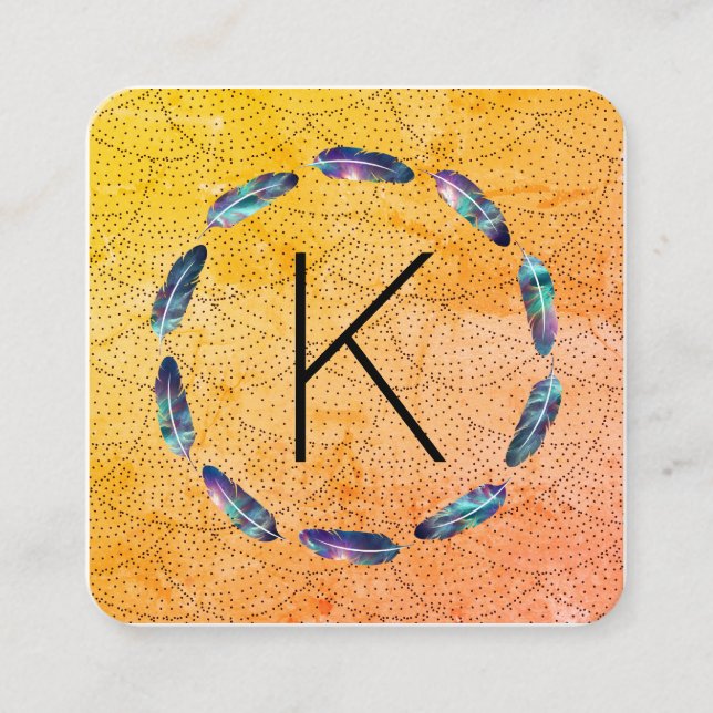Stellar Feather Pattern with Monogram Square Business Card (Front)