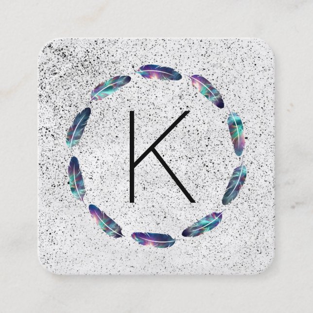 Stellar Feather Pattern with Monogram Square Business Card (Front)