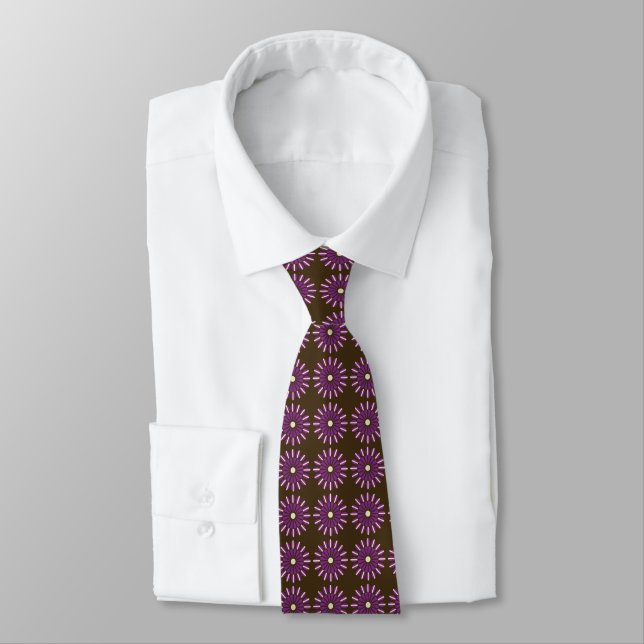 Stellar Geometric Floral Brown & Violet Two-Sided Tie (Tied)
