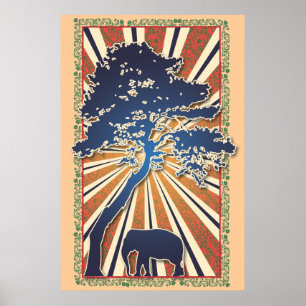 StellaRoot Safari Tree Peace Elephant Sun Raise Poster