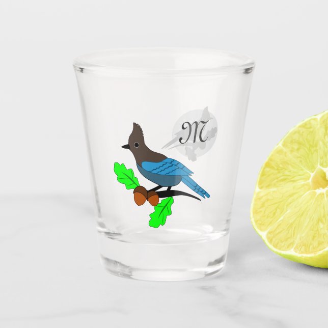Steller Blue Jay Monogram Shot Glass (Front)