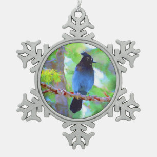 Steller's Jay 2 Painting - Original Bird Art Snowflake Pewter Christmas Ornament
