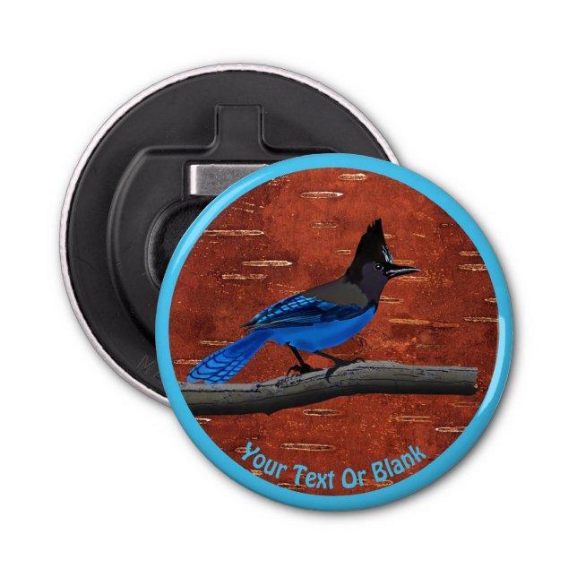 Steller's Jay On Inner Birch Bark Bottle Opener (Front)