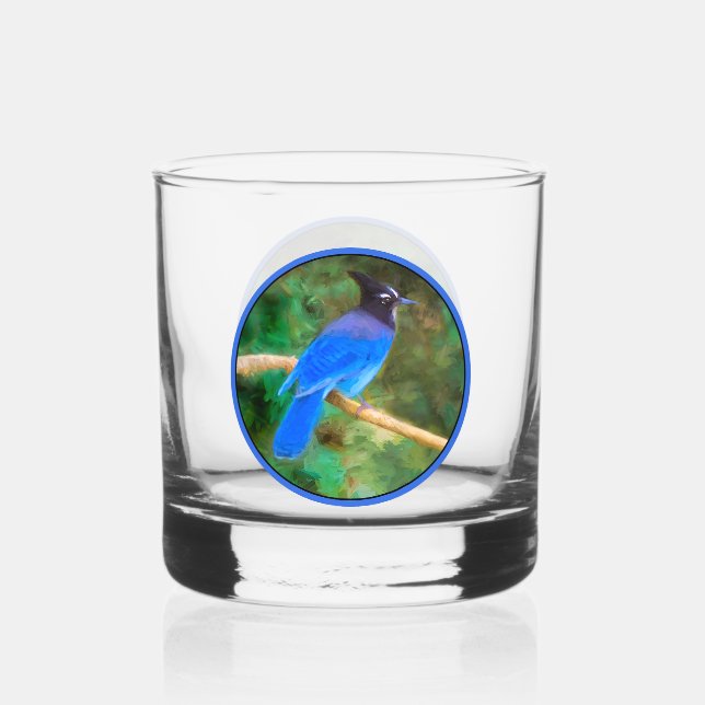 Steller's Jay Painting - Original Wild Bird Art Whiskey Glass (Front)