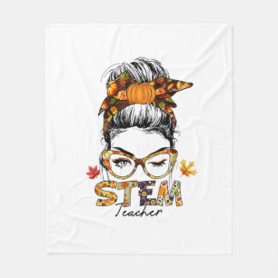 STEM Teacher Messy Bun Fall Vibes Autumn Thanksgiv Fleece Blanket