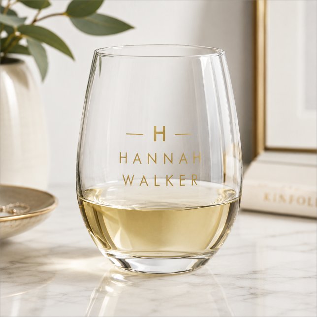 Stemless Wine Glass | Custom Gold Monogram Gift (Personalized gold monogram stemless wine glass with initial and name for stylish gifting.)