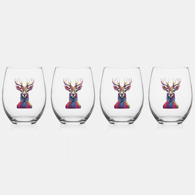 Stemless Wine Glass - The Colourful Deer Artwork (Front)