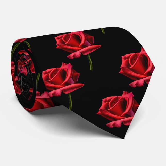 Stemmed Red Rose Pattern Tie (Rolled)