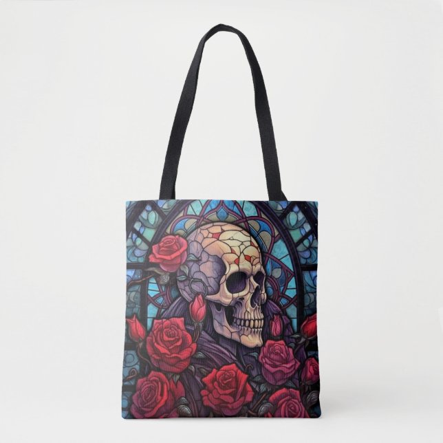 Stems and Stones Skull and Roses Tote Bag (Front)