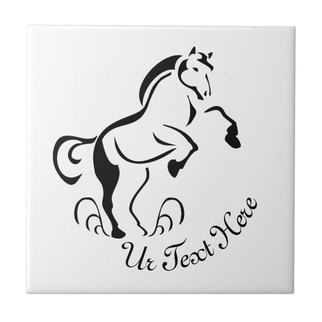 Stenciled Black Horse Rearing with Dust Swirls Ceramic Tile (Front)