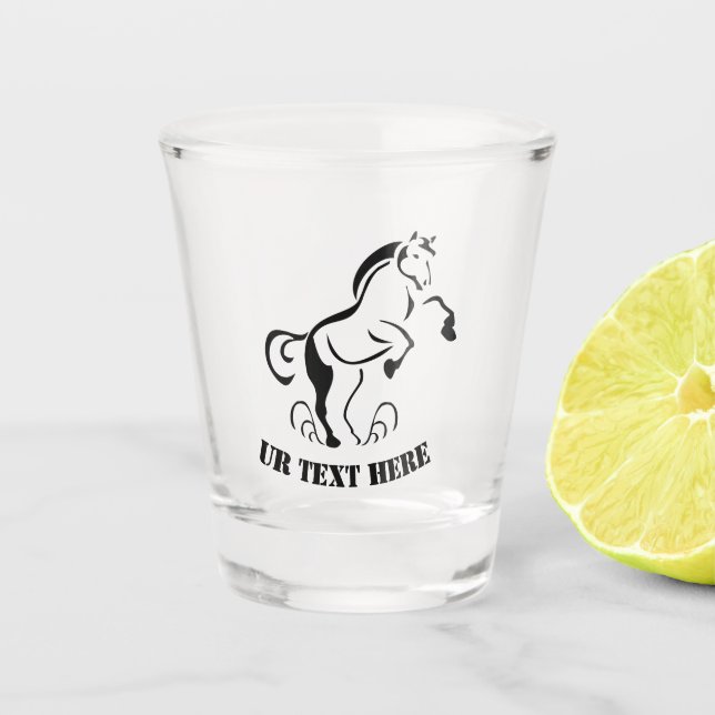 Stenciled Black Horse Rearing with Dust Swirls Shot Glass (Front)