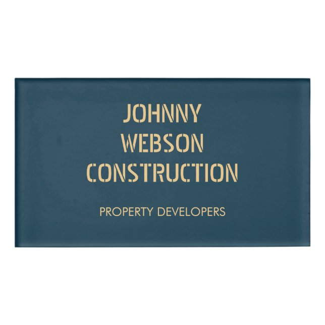 Stenciled gold print blue  name tag (Front)