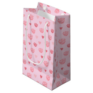 Stenciled Pink Rose and Hearts Patterned Gift Bag
