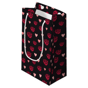 Stenciled Red Rose and Hearts Patterned Gift Bag