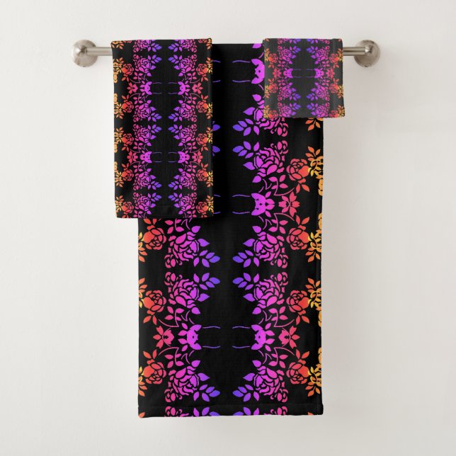 Stenciled Rose Flowers Abstract Colours   Bath Towel Set (Insitu)