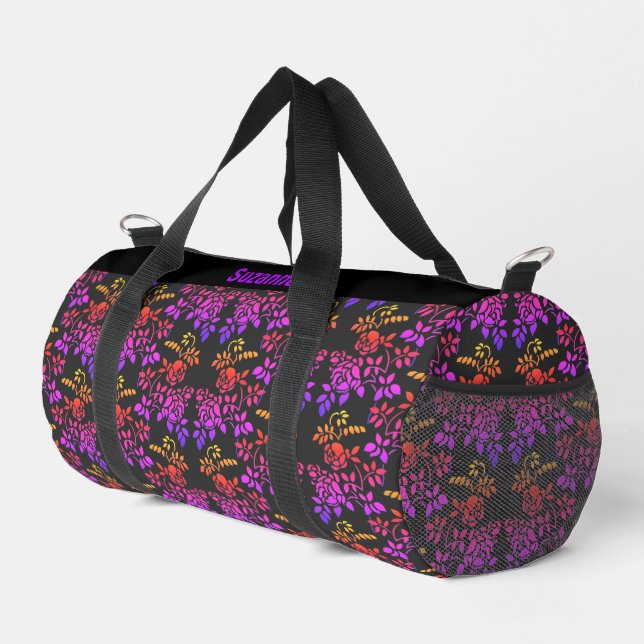 Stenciled Rose Flowers Pattern Personalised Duffle Bag (Right Corner)