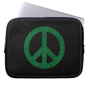 Stencilled Peace Symbol - Dk Grn on Blk Laptop Sleeve