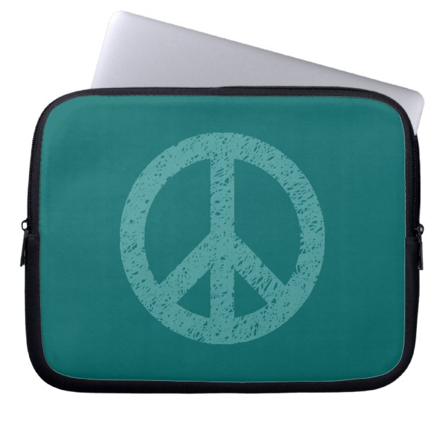 Stencilled Peace Symbol - Ocean Grn on Teal Laptop Sleeve (Front)