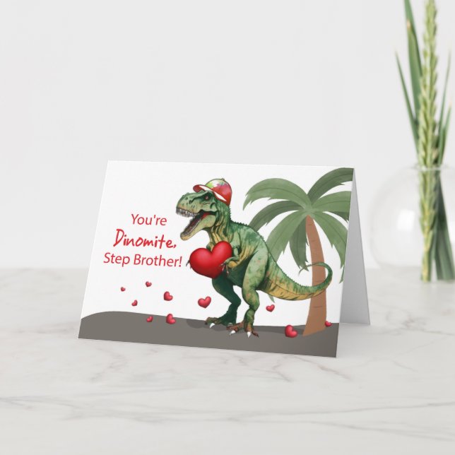 Step Brother Valentine Dinosaur Hat and Hearts Card (Front)