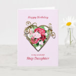 Step Daughter Birthday Antique Painted Roses Card<br><div class="desc">A romantic birthday card. A painting of roses is framed by an embellished golden heart. Give your step daughter a birthday greeting with a beautiful painting of a bouquet of roses.</div>