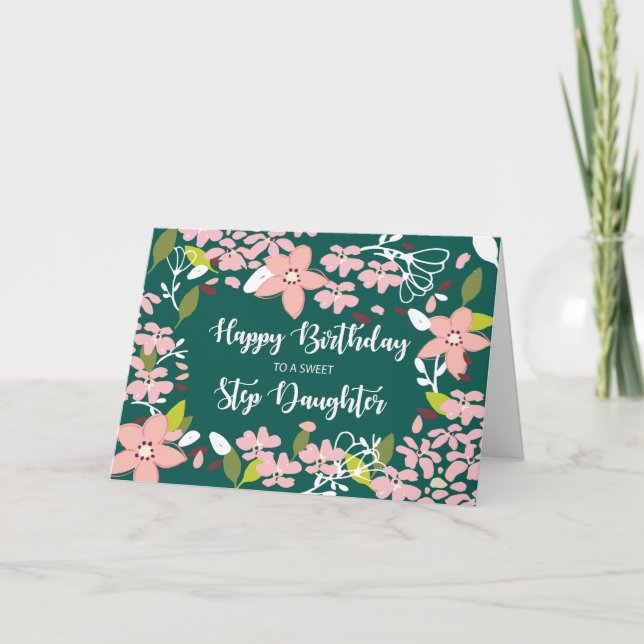 Step Daughter Birthday Green Flowers Card (Front)