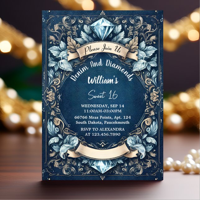 Step Elegant Gem Bling Denim And Diamonds Sweet 16 Invitation (Creator Uploaded)