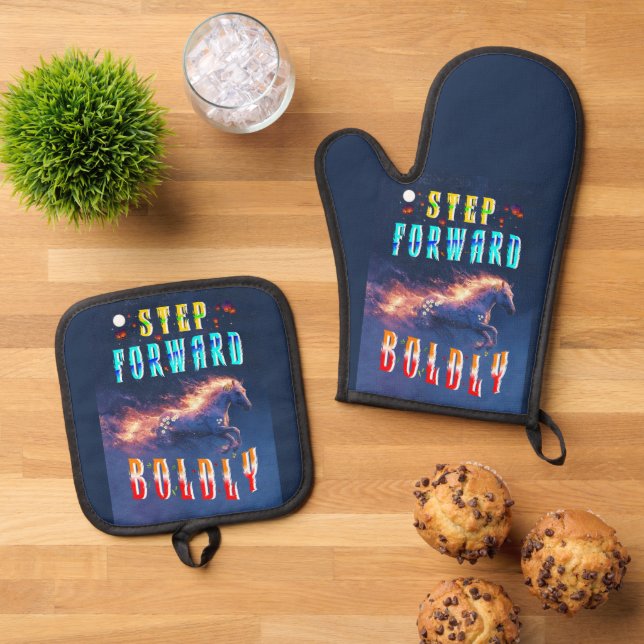 Step Forward Boldly Oven Mitt & Pot Holder Set (Top Down)
