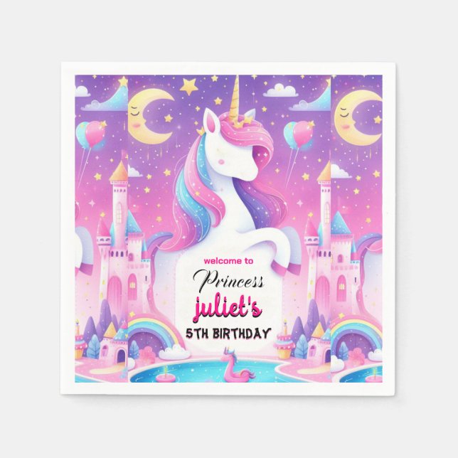 Step girly cute purple pink unicorn 5th birthday napkin (Front)