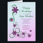 Step Mother Birthday with Scrolls and Flowers<br><div class="desc">An elegant and beautiful birthday card. A perfect card to give to your step mother. Purple flowers and glittery scrolls make a very special birthday card.</div>