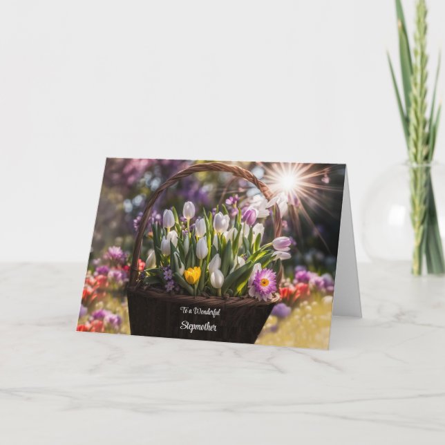Step Mother Happy Mothers Day with Basket of Tulip Card (Front)
