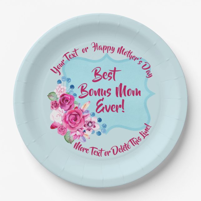 Step Mothers Day Bonus Mum Change Text Large 9" Paper Plate (Front)