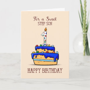 Step Son 1st Birthday, 1 on Sweet Blue Cake Card