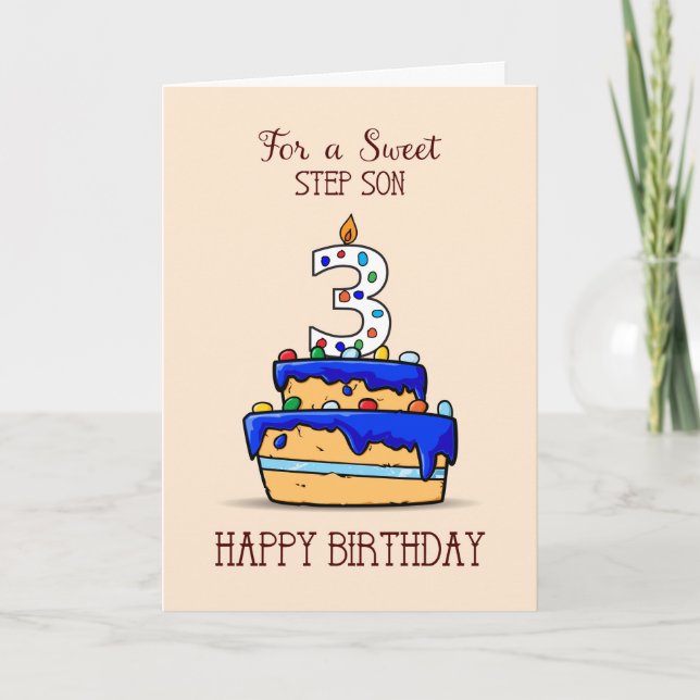 Step Son 3rd Birthday, 3 on Sweet Blue Cake Card (Front)