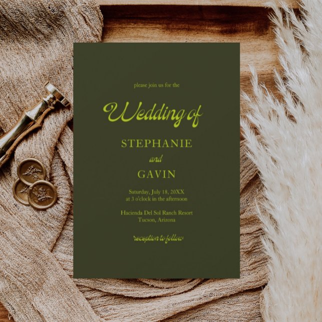STEPHANIE Retro Chartreuse Olive Green Wedding Invitation (Creator Uploaded)