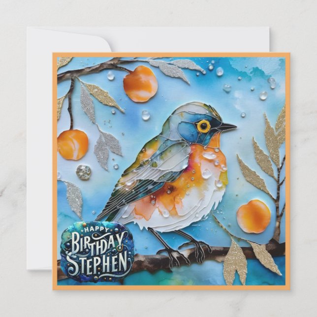 STEPHEN ~ Happy Birthday ~ Bird in fruit tree ~ (Front)