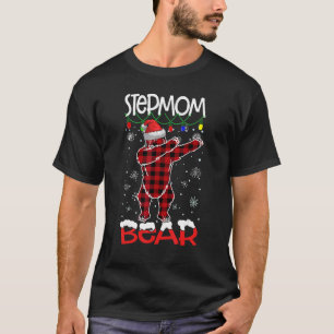 Stepmom Bear Dabbing Buffalo Plaid Lights Christma T-Shirt