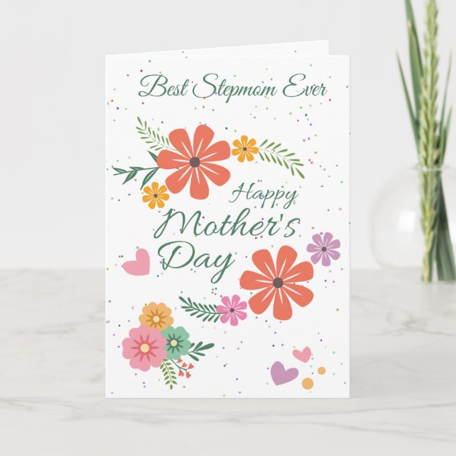 Stepmom Flowers And Hearts For Mothers Day Card (Front)