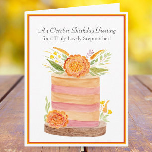 Stepmother October Birthday with Marigolds on Cake Card
