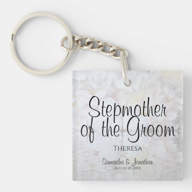 Stepmother of the Groom Wedding White Peonies Key Ring (Front)
