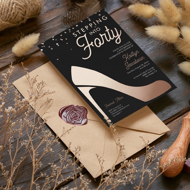 Stepping into 40 Birthday Party High heels Custom Foil Holiday Card (Real rose gold high heels, stepping into forty, 40th birthday invitation.)