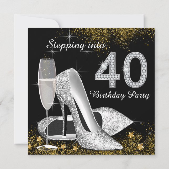 Stepping Into 40 Birthday Party Silver Gold Invitation (Front)