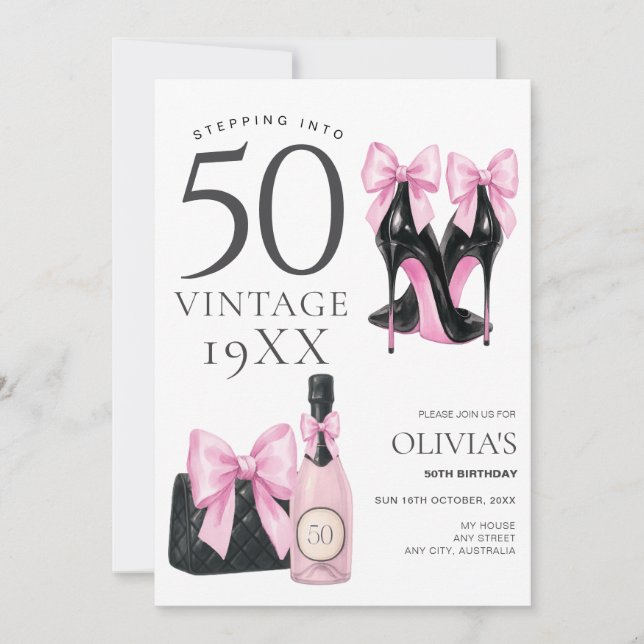 Stepping into 50 Pink 50th Birthday Invitation (Front)