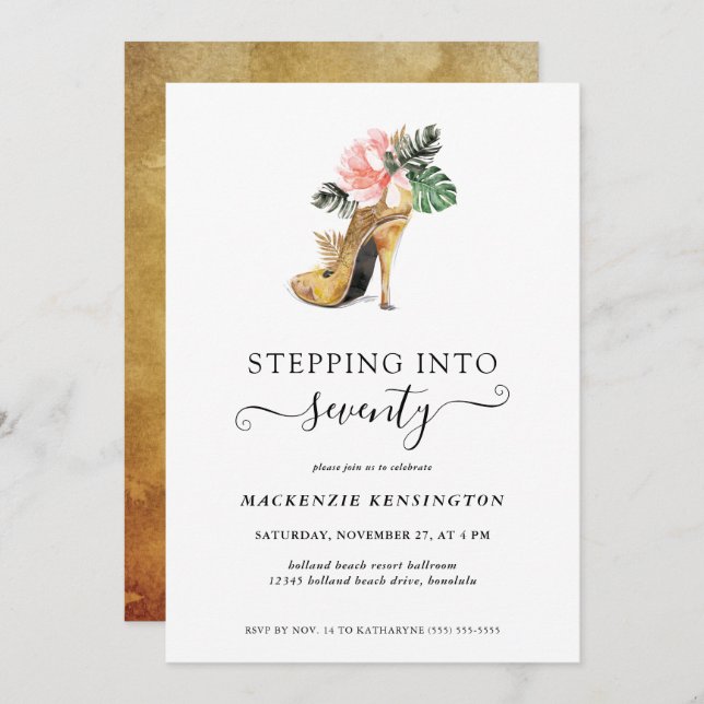 Stepping Into 70 Chic Floral Gold Heels Birthday Invitation (Front/Back)