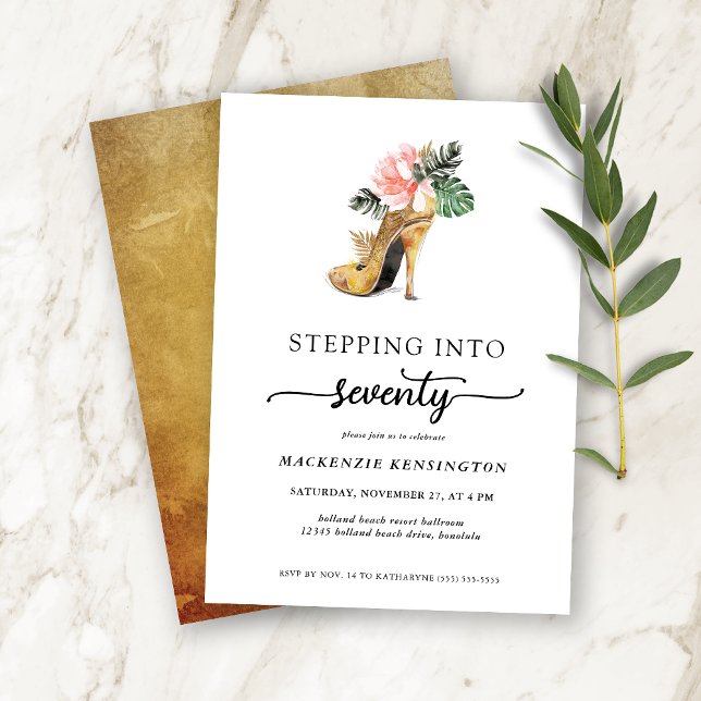 Stepping Into 70 Chic Floral Gold Heels Birthday Invitation (Creator Uploaded)