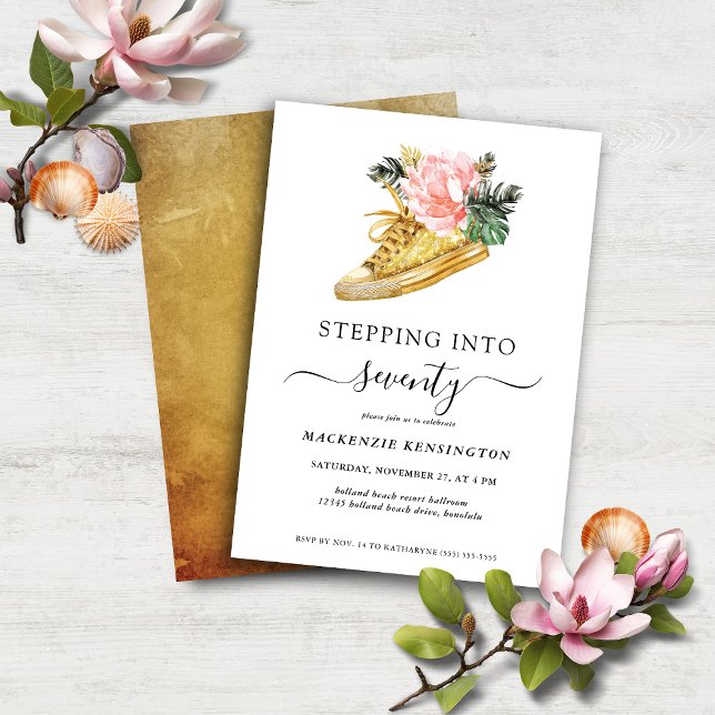 Stepping Into 70 Floral Gold Shoe Birthday Invitation (Stepping Into 70 Floral Gold Shoe Birthday Invitation)